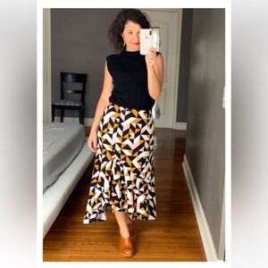 Anthro Maeve Tanya Mod Geometric Ruffle Midi Skirt Sz S